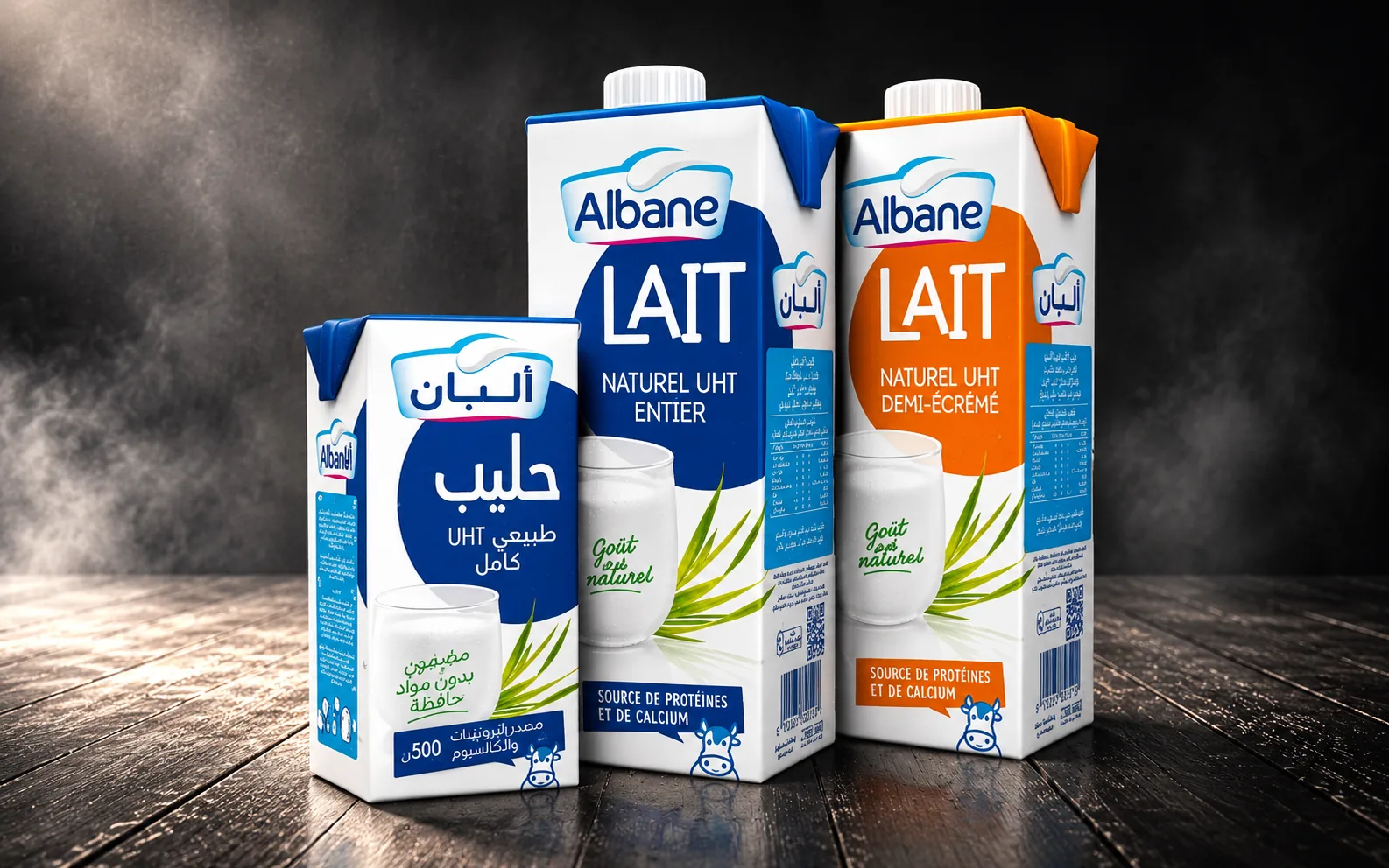 Albane milk cartons: entier and demi-ecreme retail packaging
