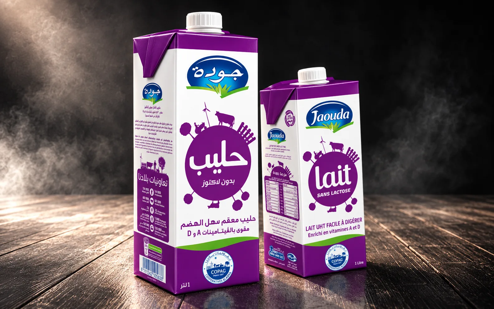 Jaouda lactose-free milk cartons: shelf-ready dairy carton design