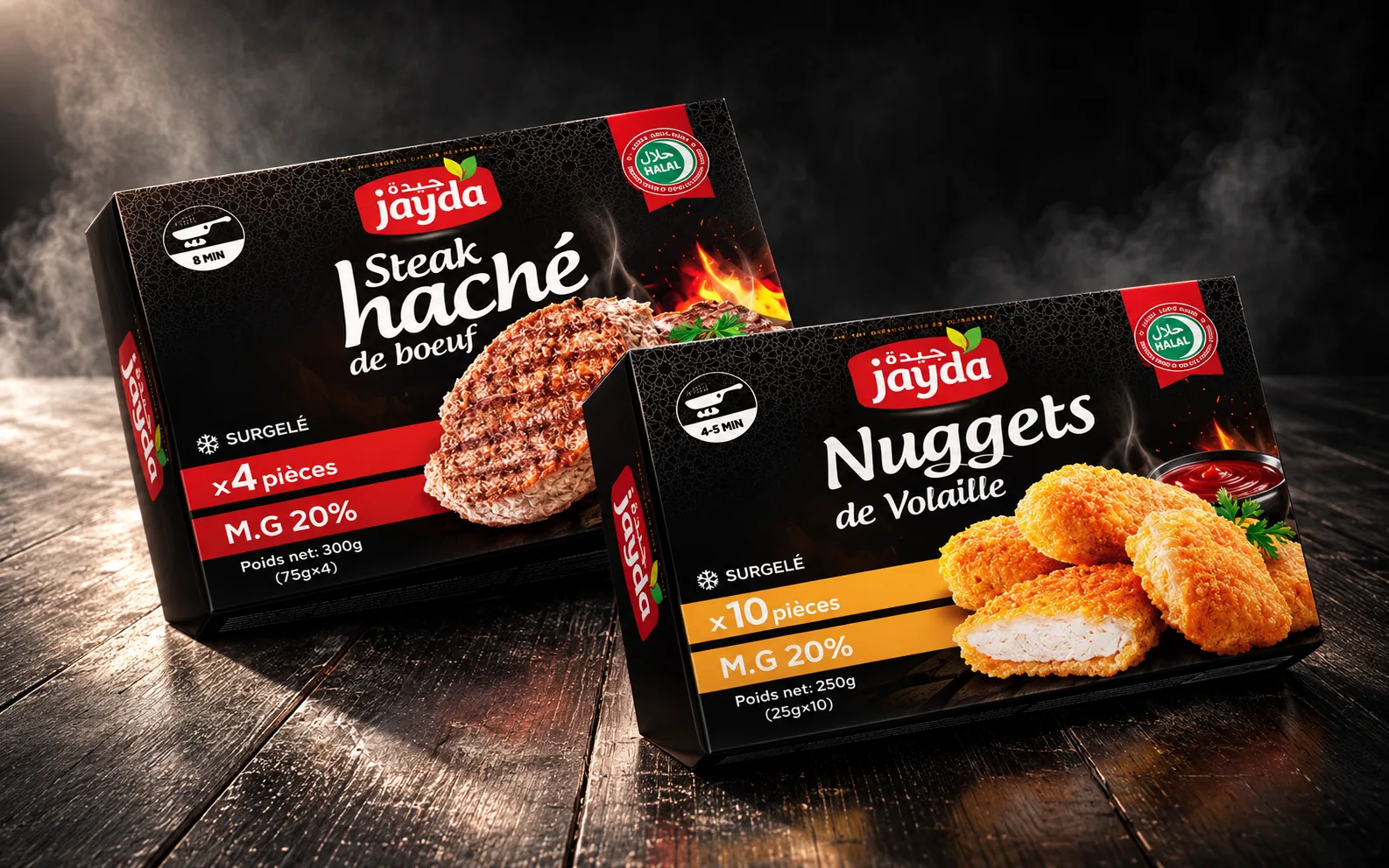 Jayda frozen food box packaging: steak hache and nuggets retail packs
