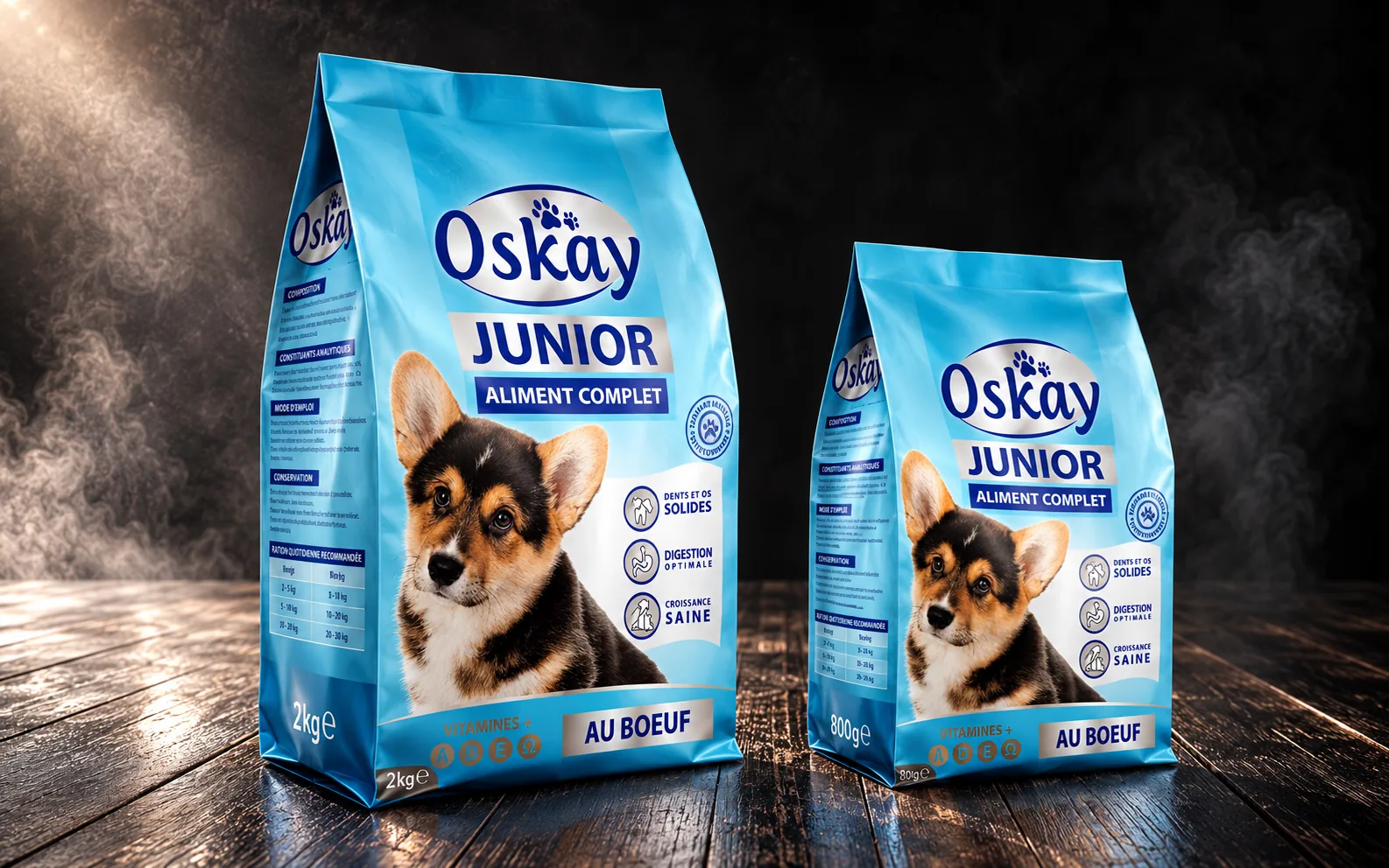 Oskay Junior puppy food stand-up pouches in two sizes