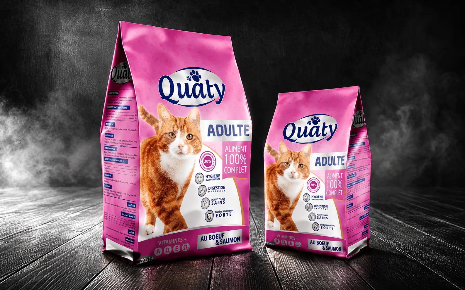 Quaty adult cat food stand-up pouches with beef and salmon